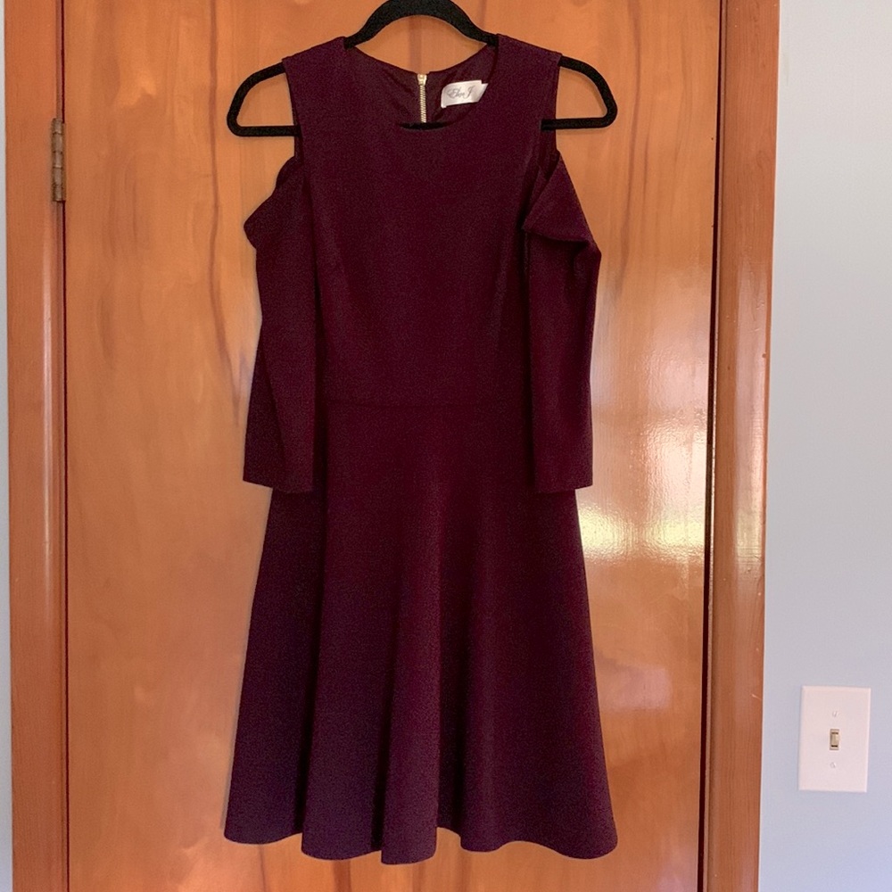 Eliza J purple knee length dress, open shoulders, cold weather dress